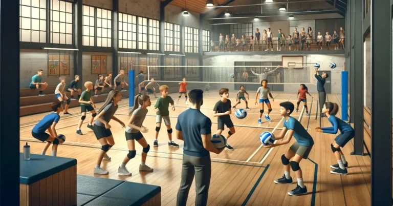 Coach with pupils doing volleyball drills for middle school.