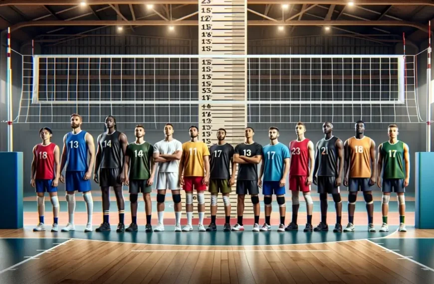 group of volleyball players demonstrating average volleyball player height in front of net