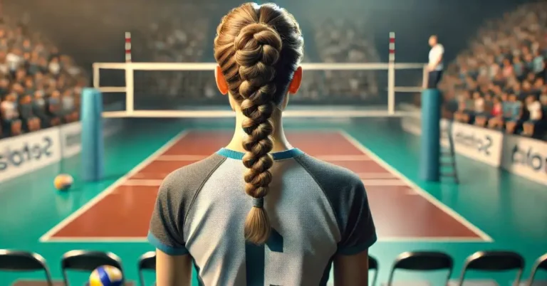 Cute Volleyball Hairstyles: Girl with Bubble Braids standing in front of a Volleyball court