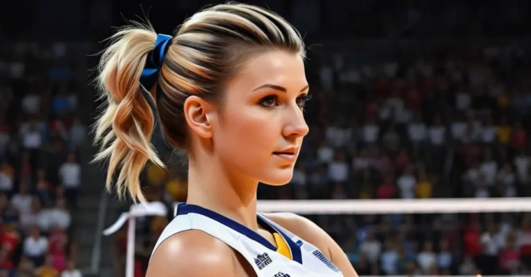 Volleyball hairstyles with ribbons: A volleyball girl wearing a pony tail with ribbons