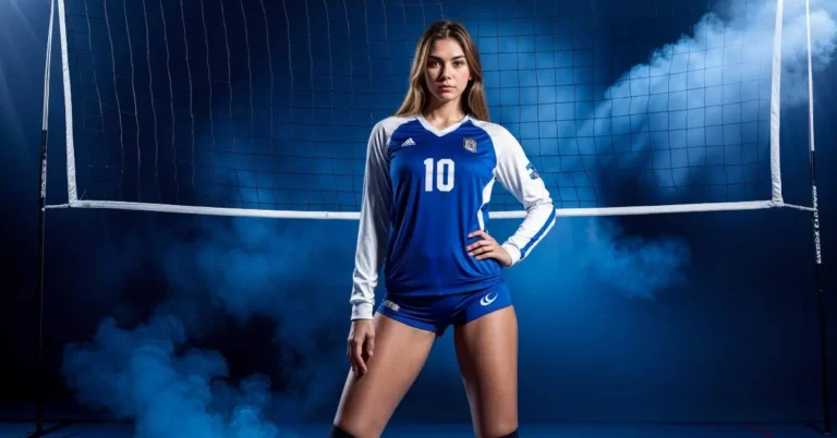 Individual Volleyball Poses: Girl standing in front of a Volleyball net with spotlight on her and blue smoke