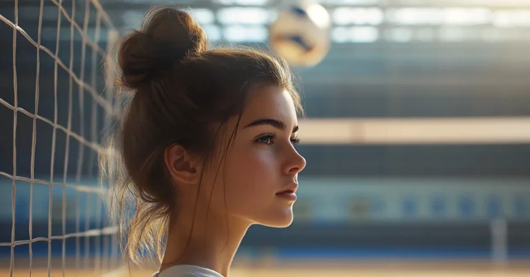 Simple Volleyball Hairstyle: A female volleyball girl with a messy bun standing on a volleyball court in front of the net