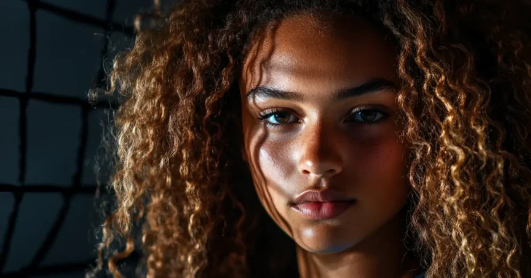 Curly Volleyball Hairstyles: a girl standing in front of a volleyball net with dark curly hairs