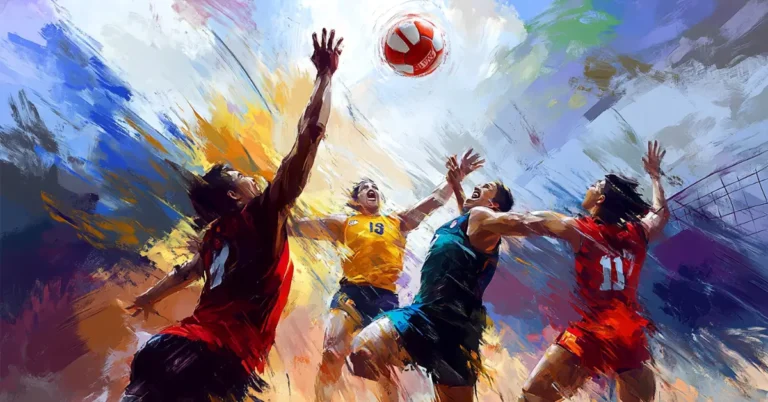 Volleyball Wallpaper: dynamic volleyball match, capturing raw emotions of the players, in the style of vibrant colors and dramatic lighting, intense facial expressions and action poses, painting with bold brushstrokes