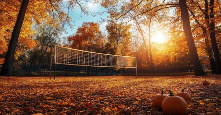 15+ Cozy Fall Volleyball Wallpapers to Save Now! 11 Fall Volleyball Wallpaper with a scerenic autumn vibe and pumpkins on the field