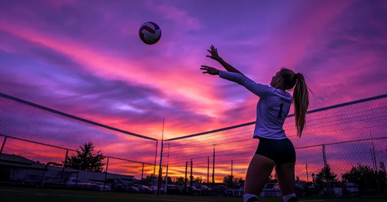 Volleyball Wallpaper Aesthetic with a girl playing volleyball in front of violet sunset.