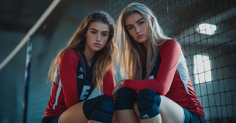 two female players wearing cute volleyball outfits with a red long sleeve and knee pads